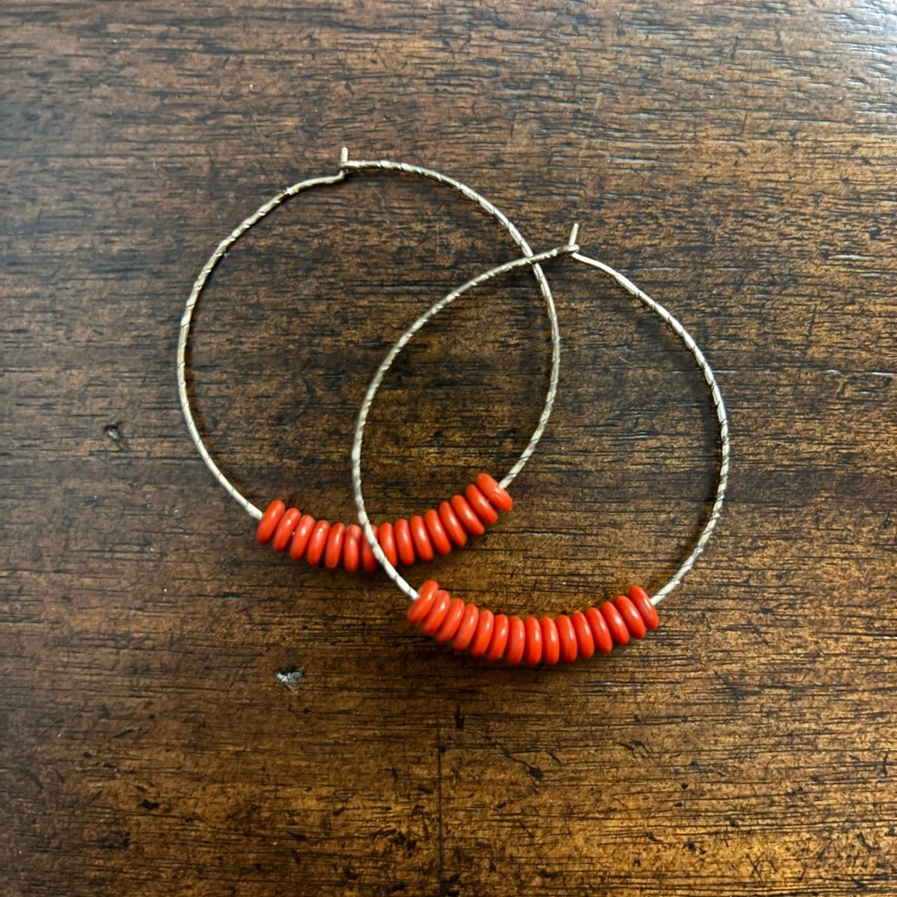 Elegant Silver-Toned and Red Beaded Hoop Earrings